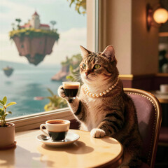 Elegant Feline Enjoying Espresso by a Floating Island Vista