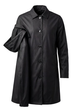 Black longline raincoat with a removable hood and button closure.