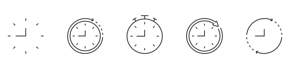 Clock And Time Management Line Icon Set. Time Tracking, Scheduling, And Stopwatch Outline Symbol Collection. Efficient Time Management And Planning. Editable Stroke. Isolated Vector Illustration