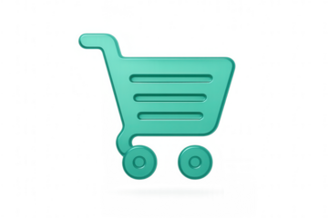 Transparent emerald green glassmorphism shopping cart icon floating isolated on a clean white background for modern app UI design with soft light reflections.