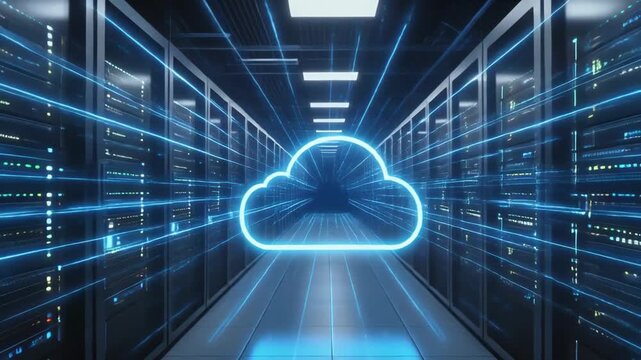 Data center with illuminated cloud symbol representing network technology