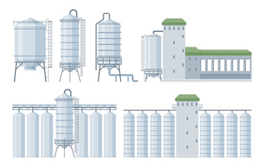 Vector set of grain storage facilities, in the form of silos of various sizes and shapes, along with storage buildings, and other components of agricultural storage facilities.