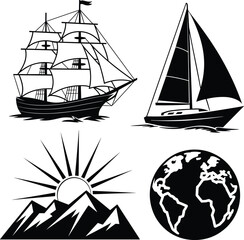 Sailing ship and yacht silhouettes, mountain sunrise and globe icons, adventure travel symbols vector set