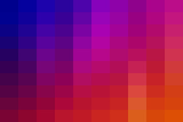 Fototapeta premium Abstract pixel gradient background with square grid pattern transitioning from blue to purple, magenta, red, and warm orange tones.