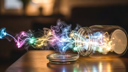 Colorful smoke trails emerging from a glass jar creating a mesmerizing visual effect in a dimly