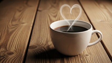 Cozy morning with a warm cup of coffee on a wooden table with heart-shaped steam vapor