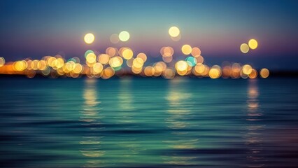 Abstract Bokeh City Lights Reflection on Water at Dusk in a Scenic Urban Landscape