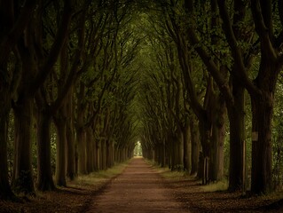 Long path with trees on both sides, leading toward a bright, distant clearing