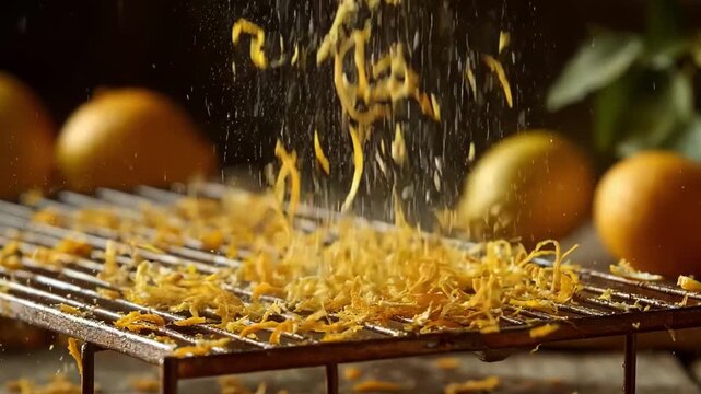 Medium shot of lemon zest being spread evenly on a drying rack in a sunny kitchen to naturally preserve and intensify the citrus flavor.