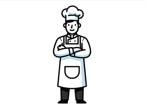 Line art illustration of a chef in a toque jacket and apron with arms crossed