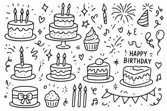 Hand-drawn doodle vector set featuring birthday cakes and candles, drawn in a sketchy, fun, imperfect doodle style, isolated on white background
