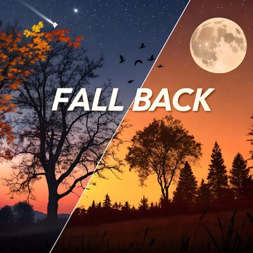 Fall Back Time Change Concept: Split Landscape of Autumn Night and Sunset with Full Moon, Stars, and Trees.
Generative Ai.