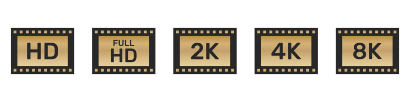 Video Resolution Icons In Silhouette Set. Hd, Full Hd, 2K, 4K, And 8K Quality Symbol Collection. Multimedia And Technology Use. Isolated Vector Illustration