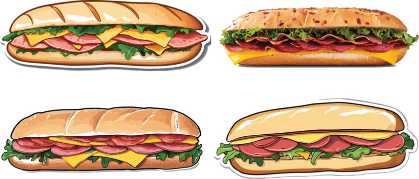 sticker design a perfect large sub sandwich with ham and cheese on a white background