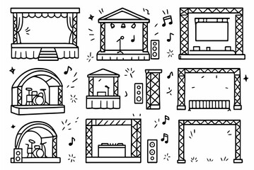 Hand-drawn doodle vector set of big stage and truss structures, created in a fun doodle style, isolated on white background
