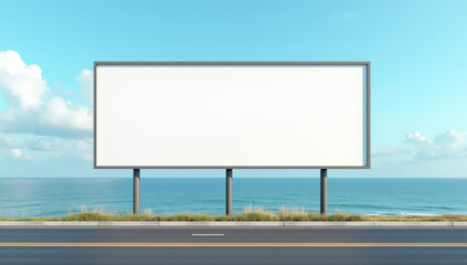 Fototapeta premium an empty white billboard against the background of the sea and blue sky