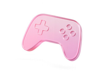 Transparent pink gradient glassmorphism game controller icon floating isolated on a clean white background for modern app UI design with soft light reflections.