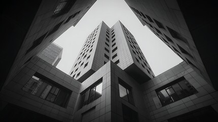 Fototapeta premium Low-angle view of a modern skyscraper, captured in grayscale, with striking architectural lines and geometry