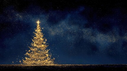 Golden Christmas tree with starry night sky background