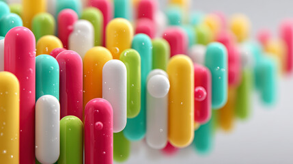 Colorful array of vertical capsules in bright yellow, pink, blue, green and white with a glossy, speckled finish.