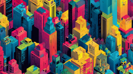 Abstract cityscape showing a dense, colorful grid of buildings in varying heights, creating a vibrant, urban patchwork pattern.