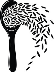 Black and white illustration of spoon pouring rice grains isolated on transparent background