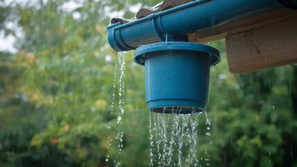 Medium shot of a rainwater diverter connected to a gutter system channeling water into a reusable container for household use.