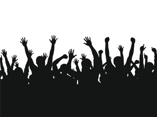Silhouettes of a large crowd raising hands in celebration or excitement