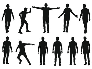Silhouettes of people in various dynamic poses against a white background