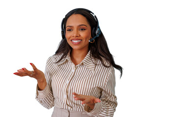 Professional woman wearing headset talking and communicating, providing call center customer service support on transparent background