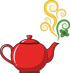 Cartoon red teapot steaming with herbal aroma isolated on transparent background