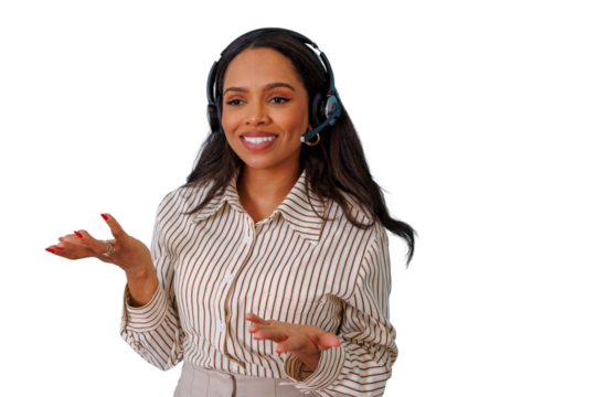 Professional woman wearing headset talking and communicating, providing call center customer service support on transparent background - Powered by Adobe