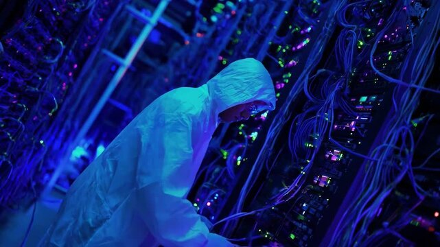 Medium shot of a technician installing liquid cooling pipes in a data center to optimize heat dissipation for highperformance servers.