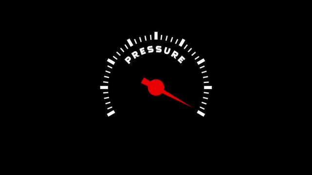 Animated speedometer gauge featuring pressure text, ideal for illustrating performance metrics, measurement indicators, and technical data visualization in motion graphics.