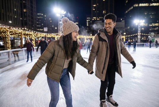 Happy young couple holding hands while ice skating at outdoor city rink at night