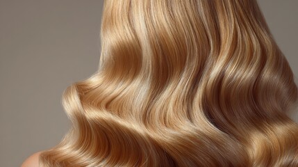 Naklejka premium Close-up background of long blonde hair with shiny waves, highlighting hairstyling and coloring treatments.