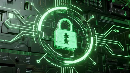 Digital security interface with glowing lock symbol on circuit board background
