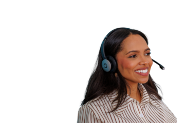 Happy customer service representative answering calls with a headset, providing support on a transparent background