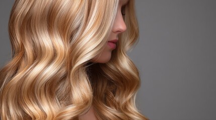 Naklejka premium Close-up background of long blonde hair with shiny waves, highlighting hairstyling and coloring treatments.