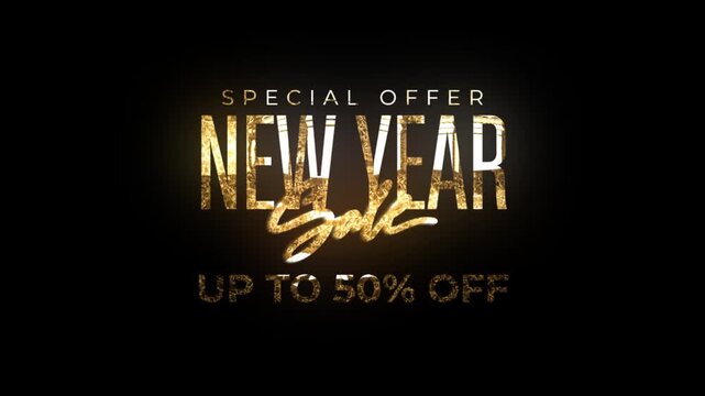 Special offer new year sale up to fifty persent off animation with golden text on black background
