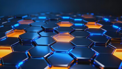 Naklejka premium A futuristic hexagonal grid with glowing blue and orange elements, showcasing a high-tech surface design.