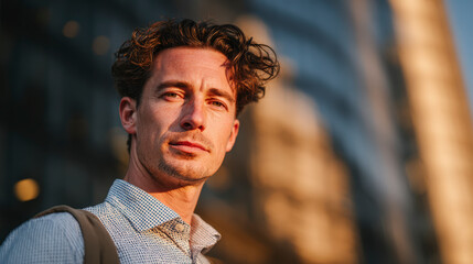 Young man with curly hair, wearing a shirt and suspenders, looks contemplatively in the distance in an urban setting.
