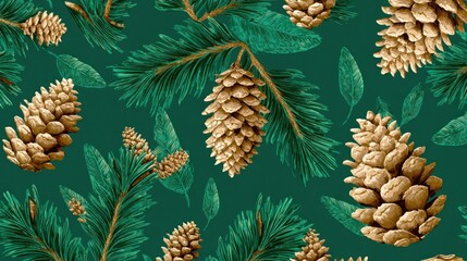 Fototapeta premium Green Christmas seamless pattern for festival background design. Winter sale branding. New Year seasonal celebration greeting card. Pine cone branches with leaves isolated fir on green color