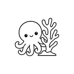 Curious baby octopus peeking from behind a coral black and white clip art