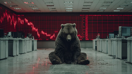 A large bear sits solemnly in an office with computers and a declining stock market chart in the background.