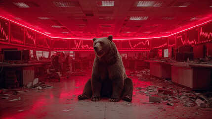 A bear sits in a devastated office lit by red lights, amid debris and shattered screens, creating a surreal atmosphere.