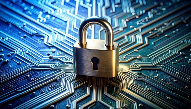 Digital Cybersecurity Metal Padlock on a Glowing Blue and Gold Circuit Board