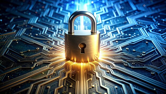 Digital Cybersecurity Metal Padlock on a Glowing Blue and Gold Circuit Board