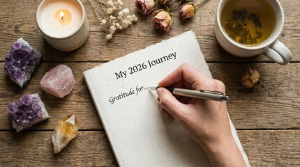 Mindfulness and wellness journey gratitude reflection in cozy home setting with journaling experience