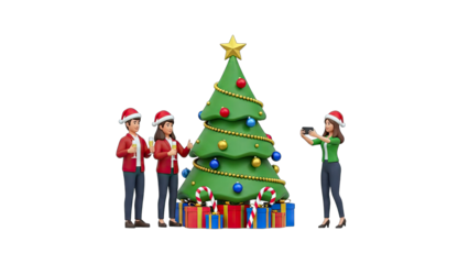 People Celebrating Christmas with Tree and Gifts